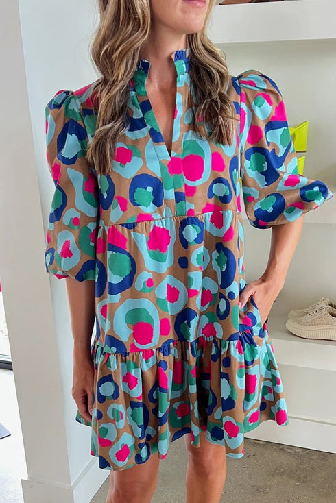 Abstract Animal Print Puff Sleeve Tiered Dress