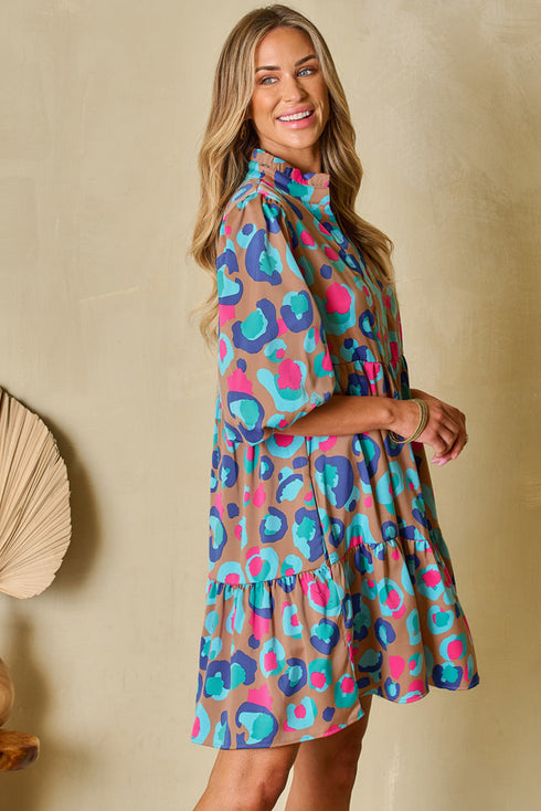 Abstract Animal Print Puff Sleeve Tiered Dress