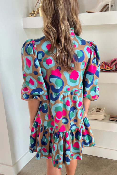 Abstract Animal Print Puff Sleeve Tiered Dress