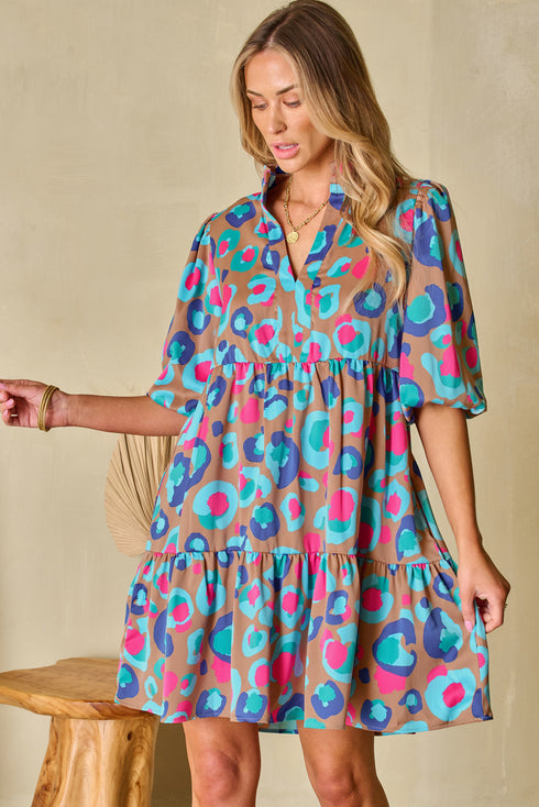 Abstract Animal Print Puff Sleeve Tiered Dress