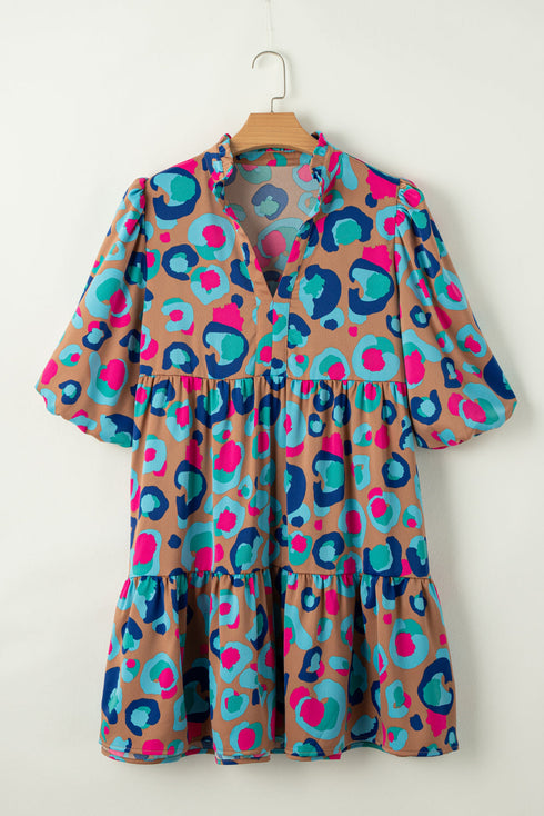 Abstract Animal Print Puff Sleeve Tiered Dress
