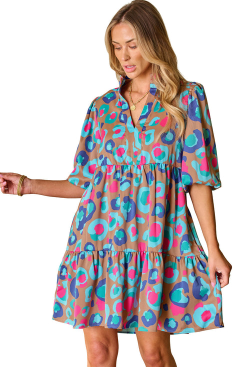 Abstract Animal Print Puff Sleeve Tiered Dress