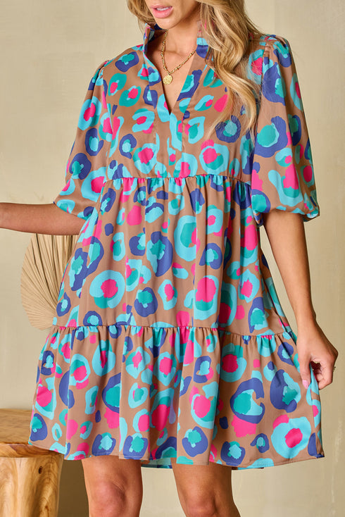Abstract Animal Print Puff Sleeve Tiered Dress