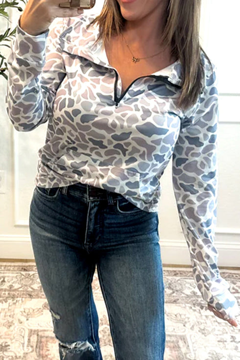 Abstract Animal Print Quarter Zip Kangaroo Pocket Pullover