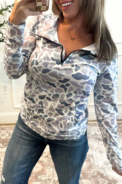 Abstract Animal Print Quarter Zip Kangaroo Pocket Pullover