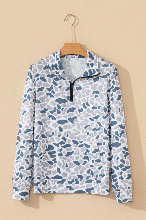 Abstract Animal Print Quarter Zip Kangaroo Pocket Pullover