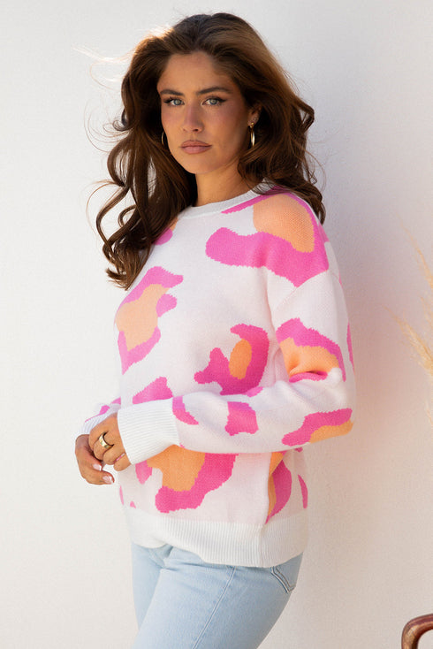 Abstract Animal Print Relaxed Crew Neck Knit Sweater