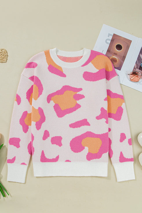 Abstract Animal Print Relaxed Crew Neck Knit Sweater