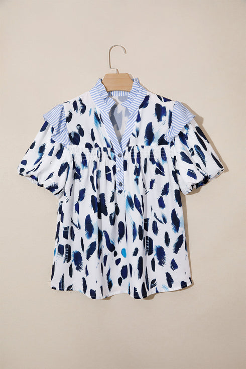 Abstract Animal Print Striped Ruffle Trim V Neck Blouse
