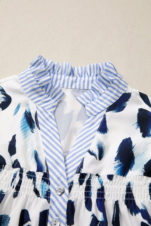 Abstract Animal Print Striped Ruffle Trim V Neck Blouse