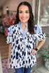 Abstract Animal Print Striped Ruffle Trim V Neck Blouse