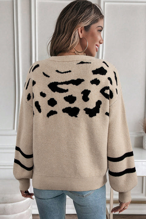 Abstract Animal Print Striped Sleeve Crew Neck Sweater