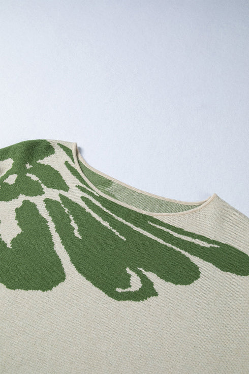 Abstract Botanical Print Boat Neck Knit Pullover Sweater