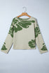 Abstract Botanical Print Boat Neck Knit Pullover Sweater