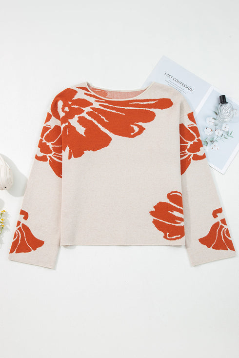 Abstract Botanical Print Boat Neck Knit Pullover Sweater
