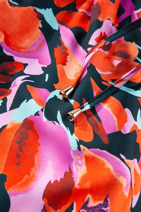 Abstract Botanical Print Smocked Puff Sleeve Peplum Blouse