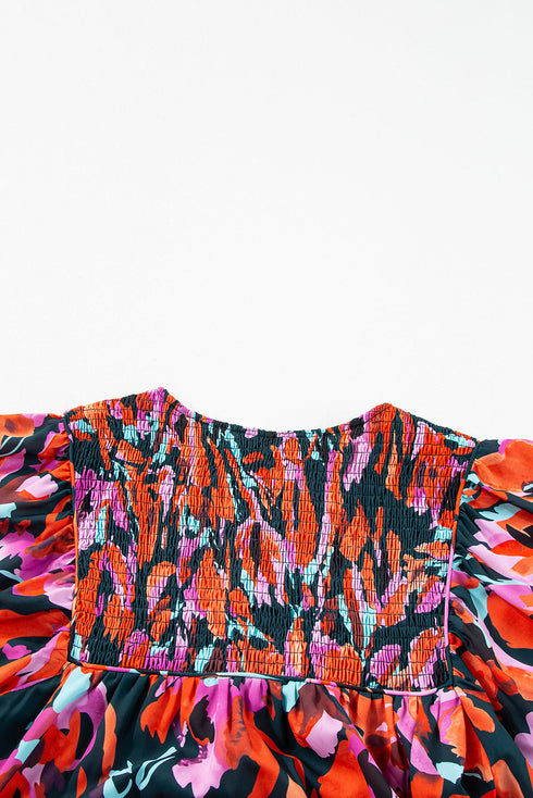 Abstract Botanical Print Smocked Puff Sleeve Peplum Blouse