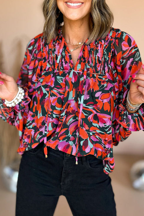 Abstract Botanical Print Smocked Puff Sleeve Peplum Blouse