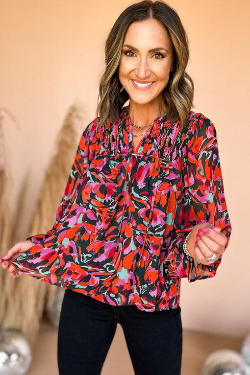 Abstract Botanical Print Smocked Puff Sleeve Peplum Blouse
