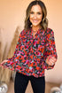Abstract Botanical Print Smocked Puff Sleeve Peplum Blouse