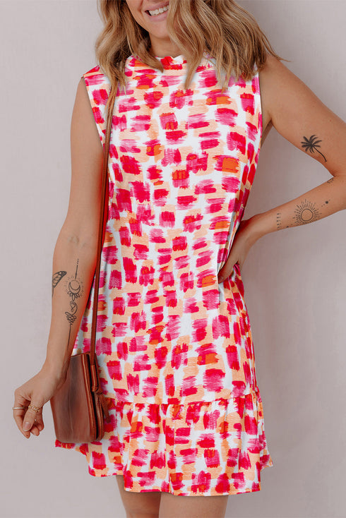 Abstract Brushstroke Mock Neck Sleeveless Ruffle Shift Dress