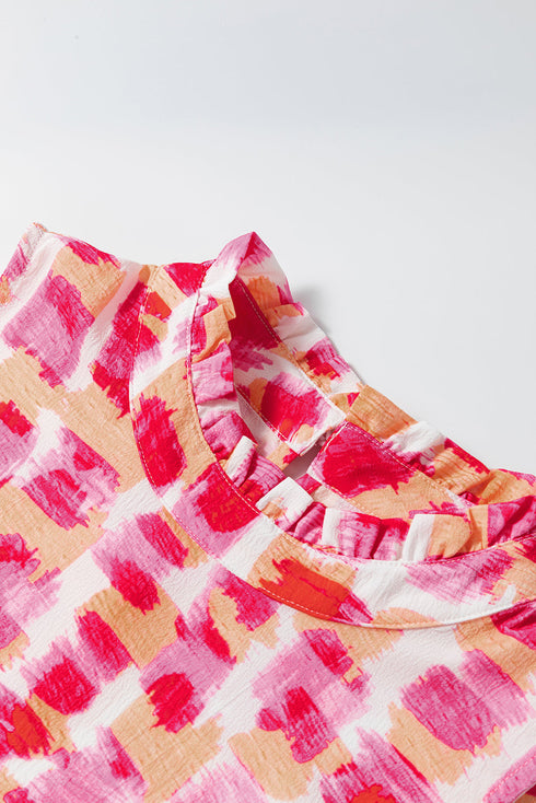 Abstract Brushstroke Mock Neck Sleeveless Ruffle Shift Dress