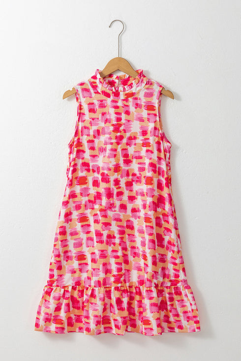 Abstract Brushstroke Mock Neck Sleeveless Ruffle Shift Dress