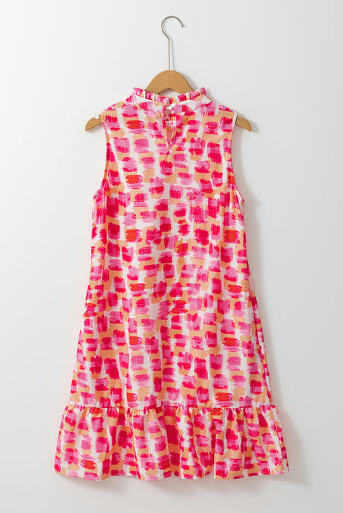 Abstract Brushstroke Mock Neck Sleeveless Ruffle Shift Dress