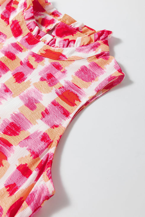 Abstract Brushstroke Mock Neck Sleeveless Ruffle Shift Dress