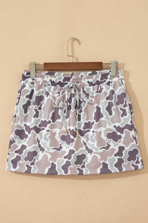 Abstract Camo Print Elastic Waist Drawstring Mini Skirt