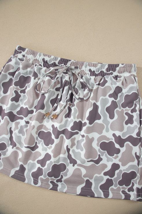 Abstract Camo Print Elastic Waist Drawstring Mini Skirt