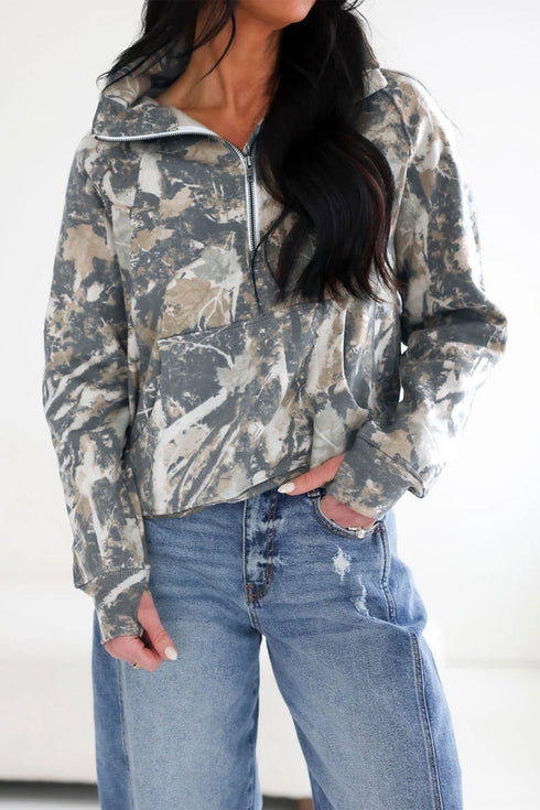 Abstract Camo Print Quarter Zip Kangaroo Pocket Pullover Sweatshirt