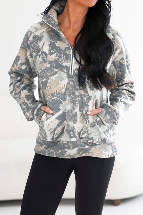 Abstract Camo Print Quarter Zip Kangaroo Pocket Pullover Sweatshirt