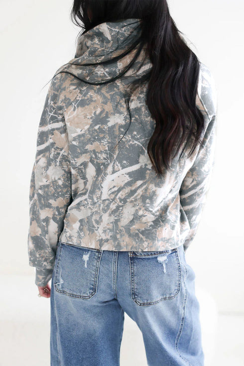 Abstract Camo Print Quarter Zip Kangaroo Pocket Pullover Sweatshirt