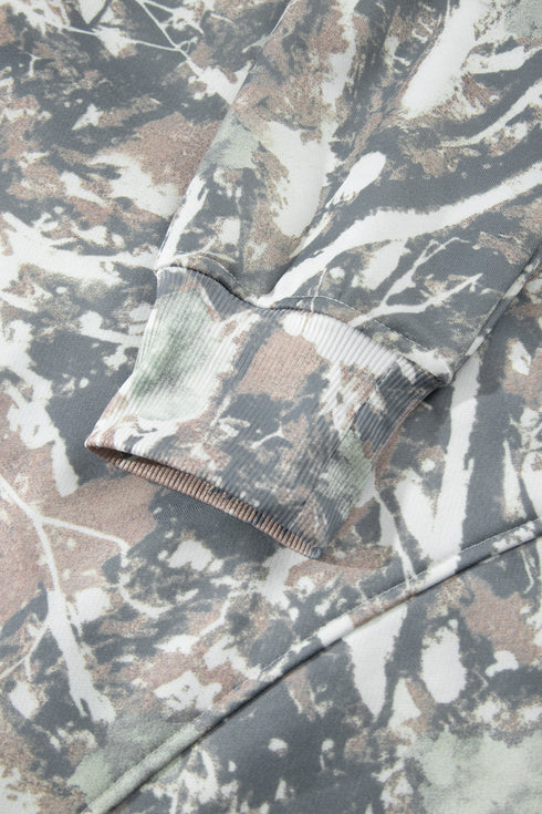 Abstract Camo Print Quarter Zip Kangaroo Pocket Pullover Sweatshirt