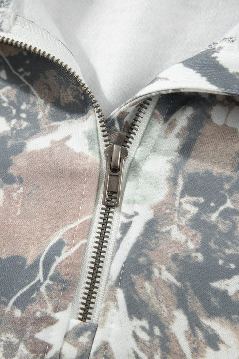 Abstract Camo Print Quarter Zip Kangaroo Pocket Pullover Sweatshirt