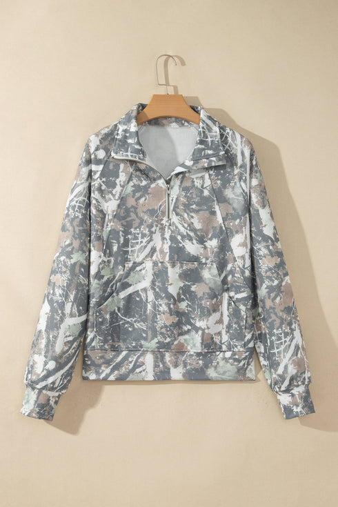 Abstract Camo Print Quarter Zip Kangaroo Pocket Pullover Sweatshirt