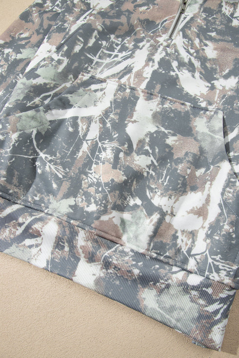 Abstract Camo Print Quarter Zip Kangaroo Pocket Pullover Sweatshirt