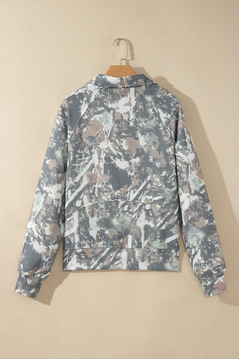Abstract Camo Print Quarter Zip Kangaroo Pocket Pullover Sweatshirt