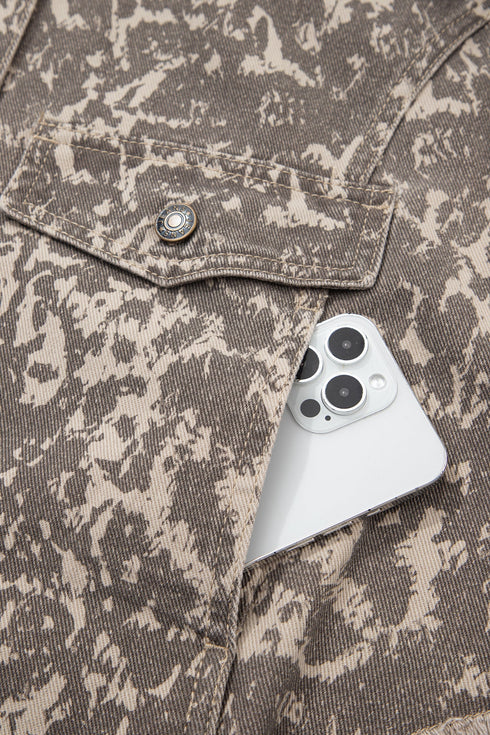 Abstract Camo Print Raw Hem Long Sleeve Collared Jacket