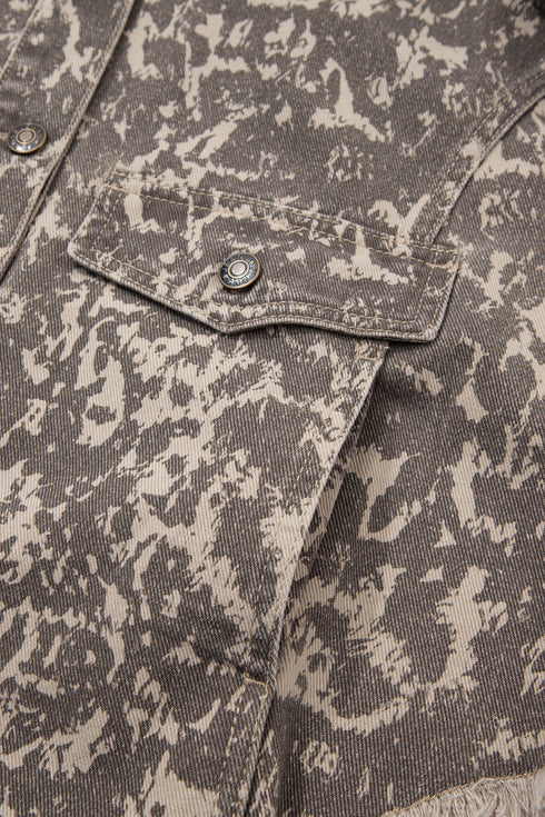 Abstract Camo Print Raw Hem Long Sleeve Collared Jacket