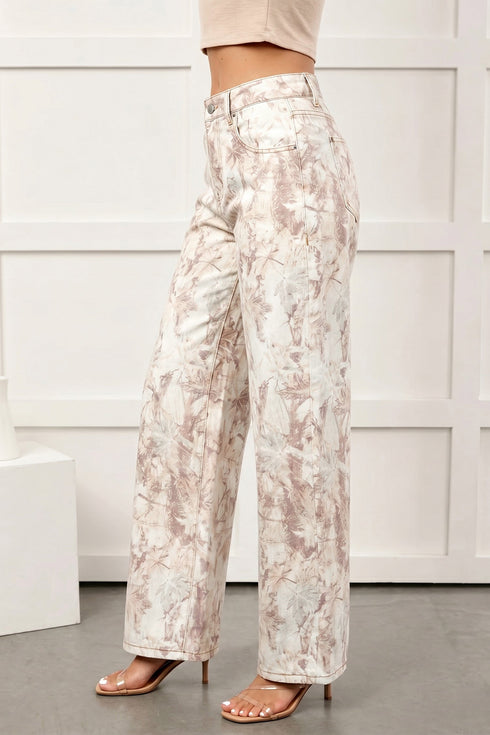 Abstract Camo Print Tummy Control Wide Leg Denim Jeans