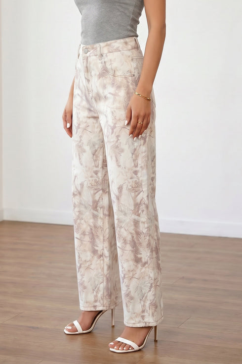 Abstract Camo Print Tummy Control Wide Leg Denim Jeans
