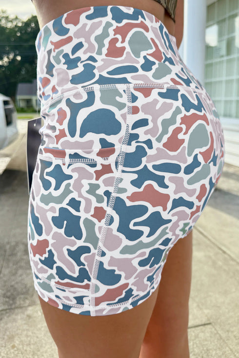 Abstract Camo Printed Seam Detail Biker Shorts