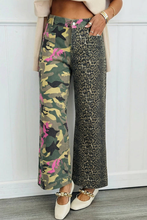 Abstract Camouflage Leopard Patchwork Straight Leg Jeans
