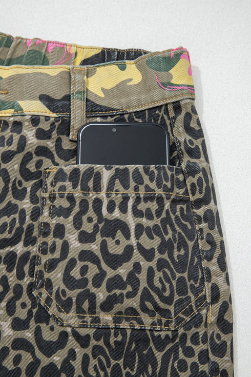 Abstract Camouflage Leopard Patchwork Straight Leg Jeans