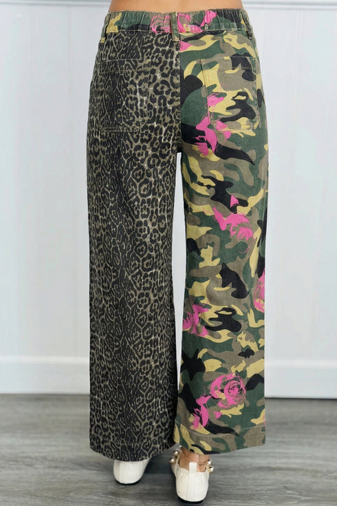 Abstract Camouflage Leopard Patchwork Straight Leg Jeans