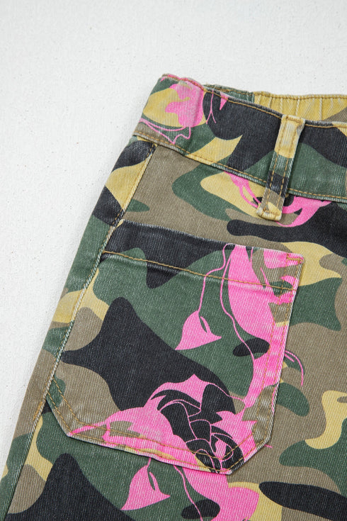 Abstract Camouflage Leopard Patchwork Straight Leg Jeans