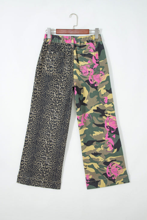 Abstract Camouflage Leopard Patchwork Straight Leg Jeans