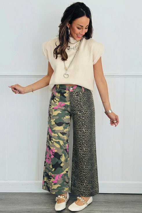 Abstract Camouflage Leopard Patchwork Straight Leg Jeans